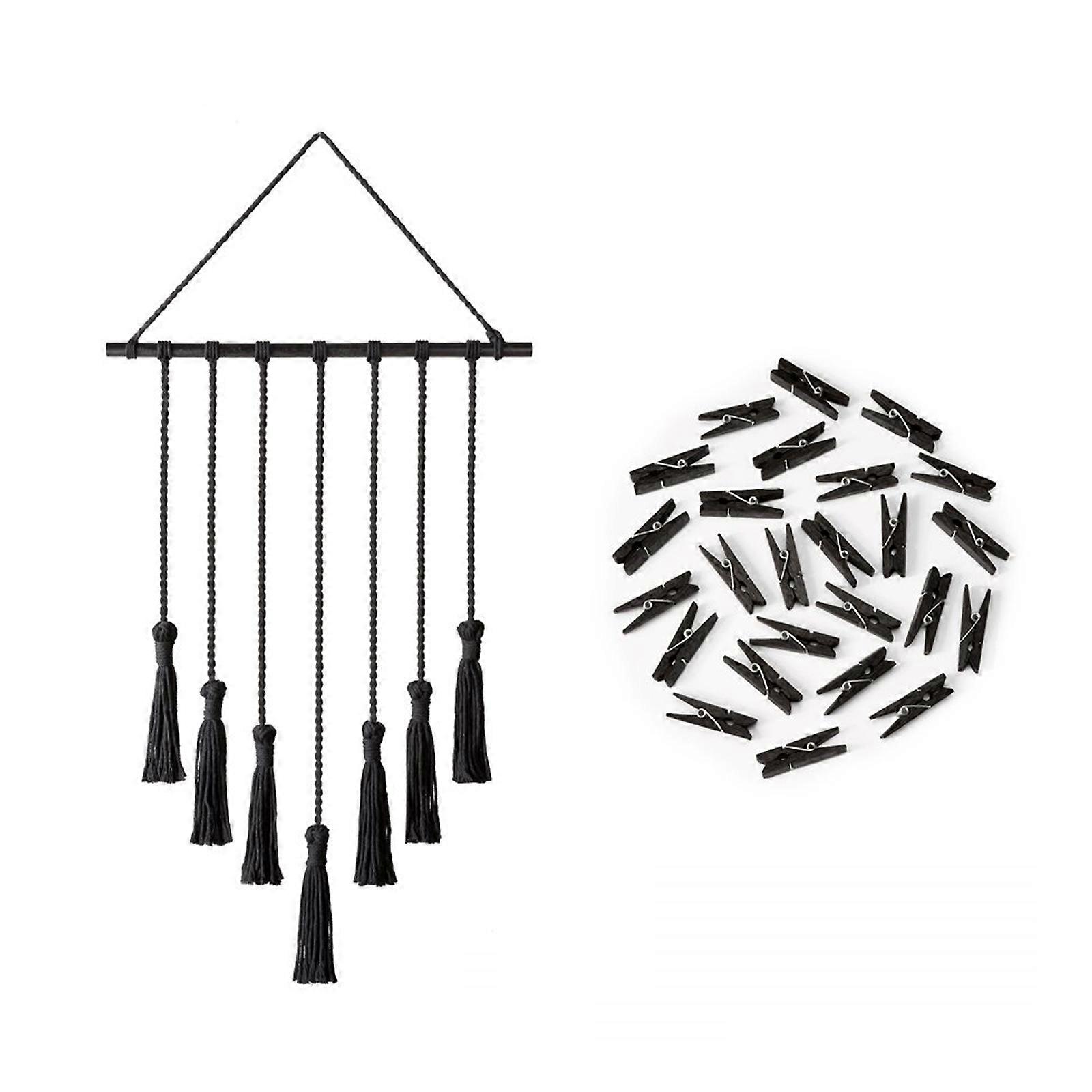 w / 25 Wood Macrame Clips Valokuva Riippuva näyttö Seinä Riippuva Boho Decor Seinäkoriste