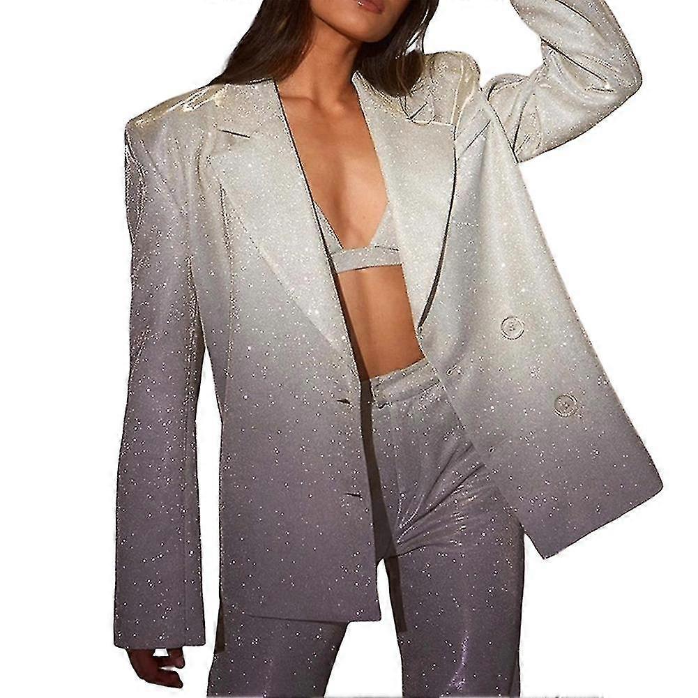Sequin Silver Blazer Coat Crop Top Solid Color Suit For Women