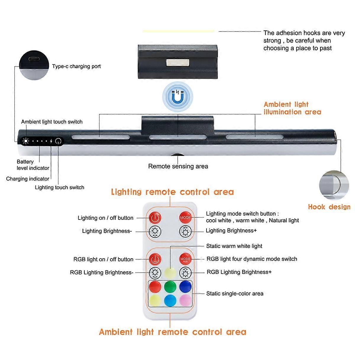 Magnetic Lamp Touch Control Adjustable Color Brightness and Angle Makeup Light Rgb Atmosphere Lamp White