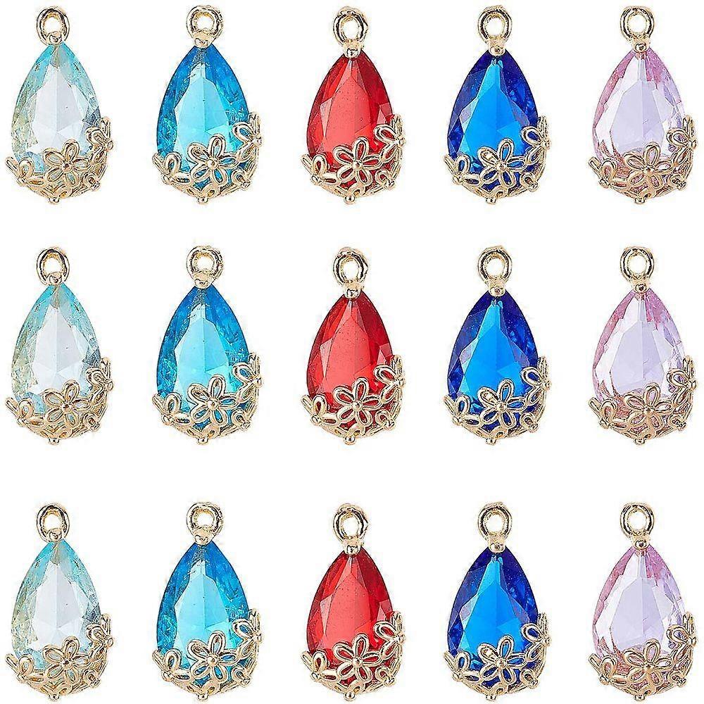 Faceted Teardrops Glass Pendants 20 Pcs 5 Colors Faceted Transparent Glass Teardrop with Flower Charms Pendants for DIY Necklace Jewelry Making