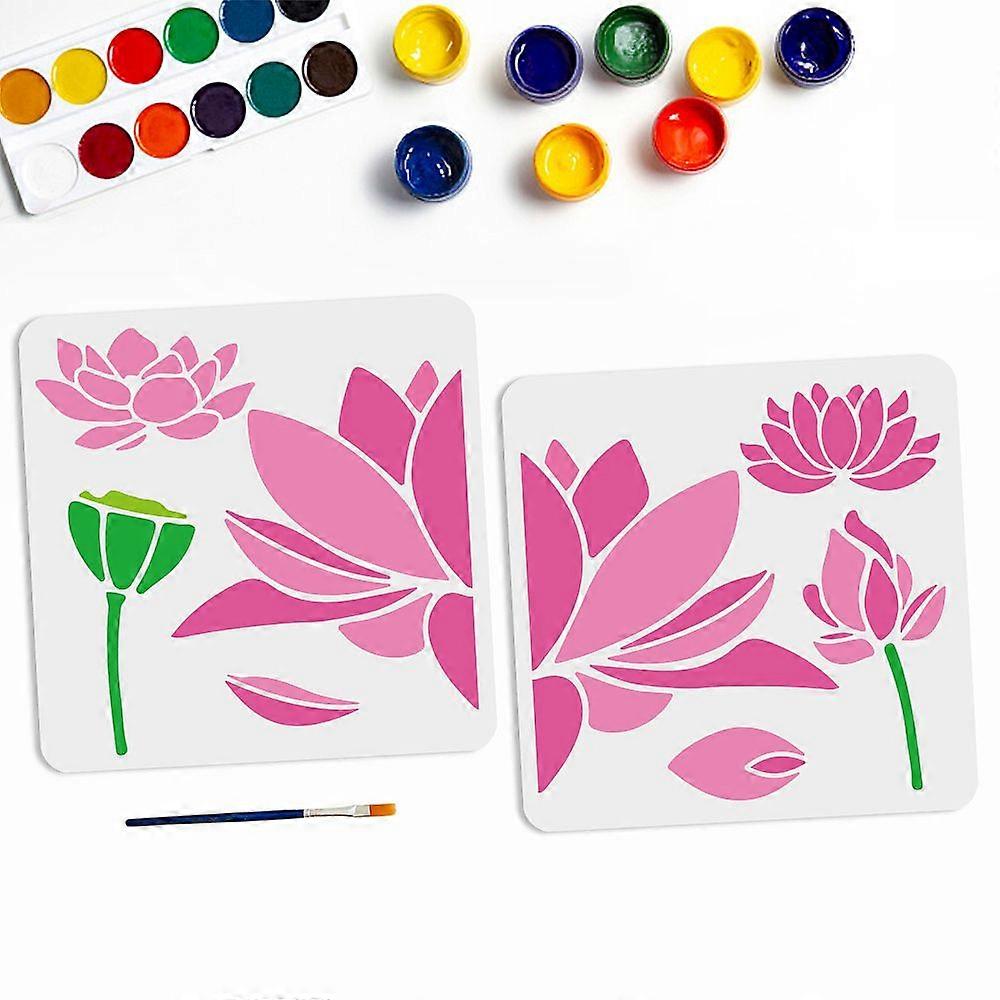 1 Set PET Hollow Out Drawing Painting Stencils with 1Pc Art Paint Brushes and 1 Sheet Craft Cardboard Paper Lotus Pattern 300x300mm 2pcs/set