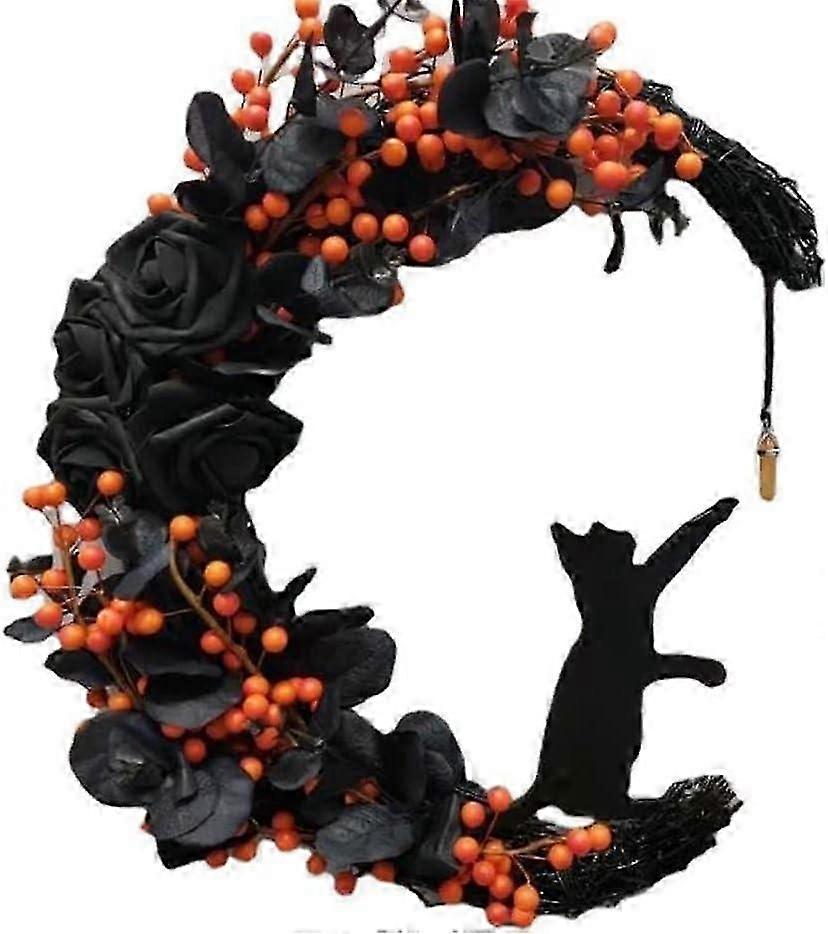 Halloween Crescent Moon Wreath with Lights,Black Moon Flower and Cat Wreath