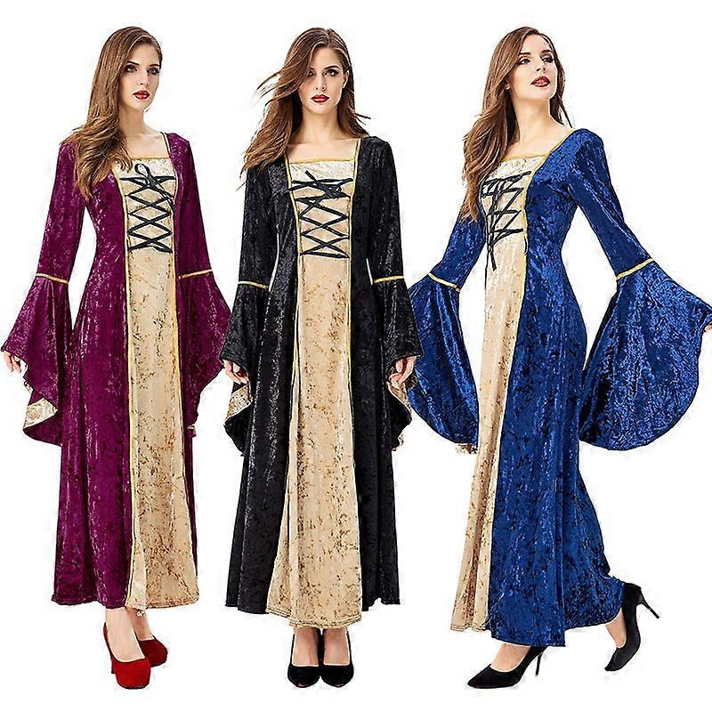 ハロウィンコスチューム3色利用可能ヨーロピアンコートローブベルベットヴィンテージスタイル大フレアスリーブビクトリアンロングドレス