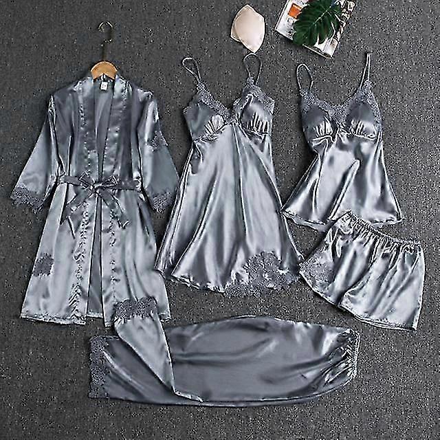Conjunto de 5 Pijamas de Seda para Mulheres com Decote V Pijamas de Pijama de Casa Pijamas de Casa XXL cinza