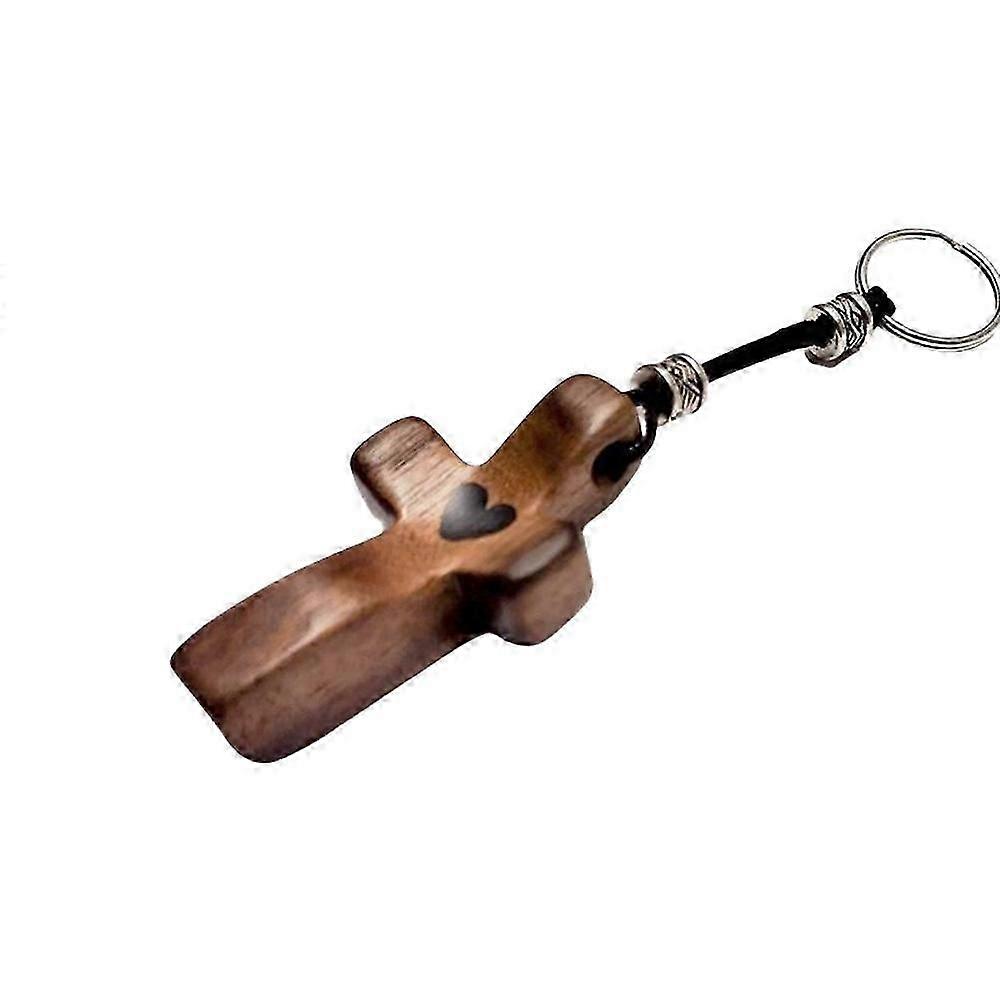 Heart Shaped Artisanal Walnut Wood Cross Keychain