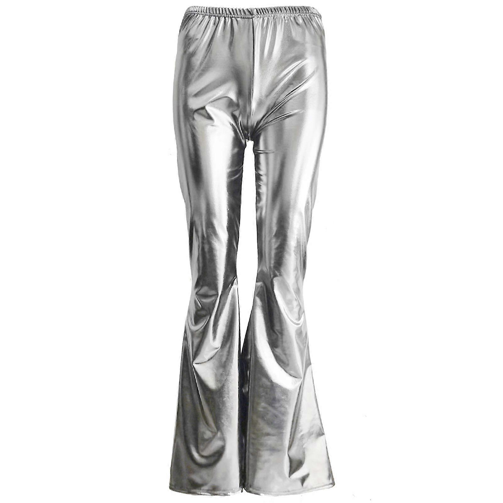 Women Wet Look Metallic Faux Leather Flared Pants with Elasticated