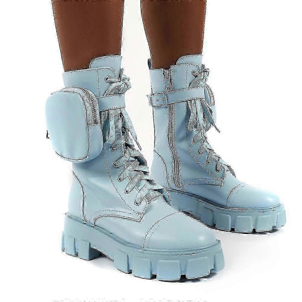 Female Pocket Lace Up Boots Buckle Strap Chunky Pouch Ankle