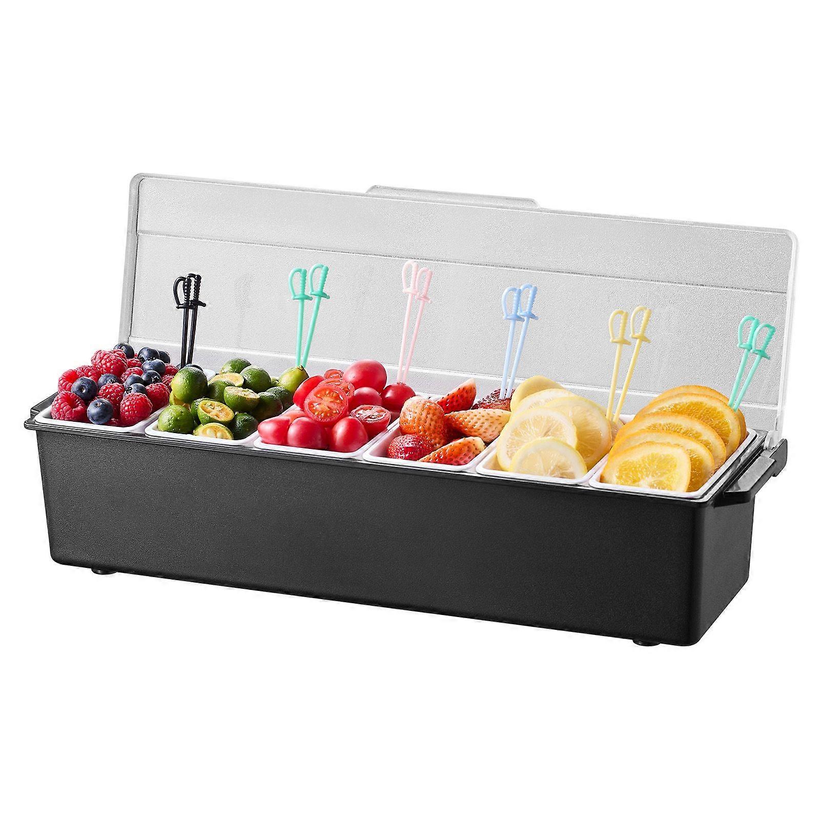 Chilled Condiment Server with 6 Compartments, Ice-Cooled Garnish Tray with Lid for Bartending, Taco, Salad, Fruit, Home & Restaurant Use