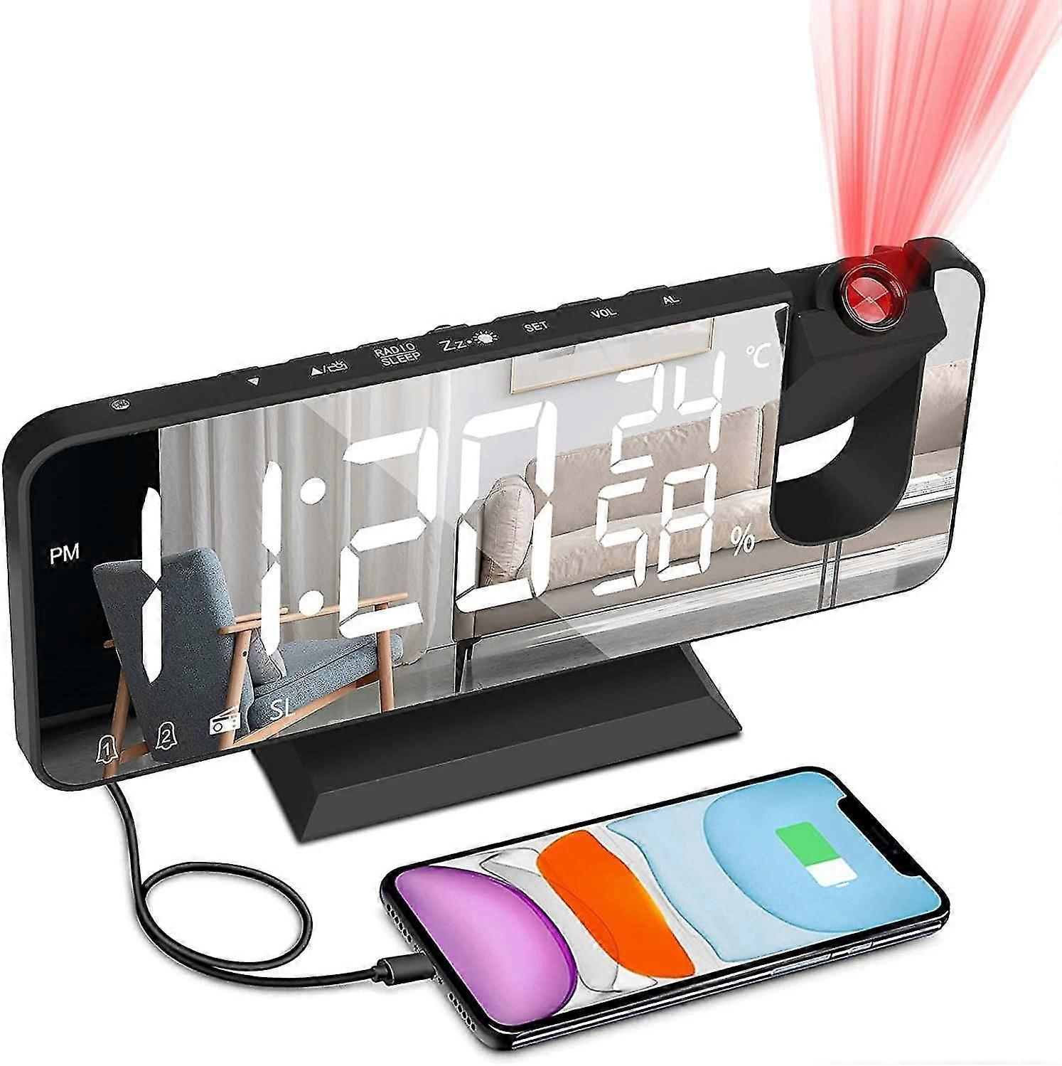 Alarm Clock With 180 Projection - Digital Bedside Alarm Clock With Radio, Usb