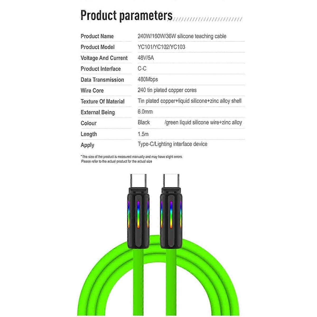 USB C to USB C Cable 240W Silicone USB-C Charging Cable Type-C Green