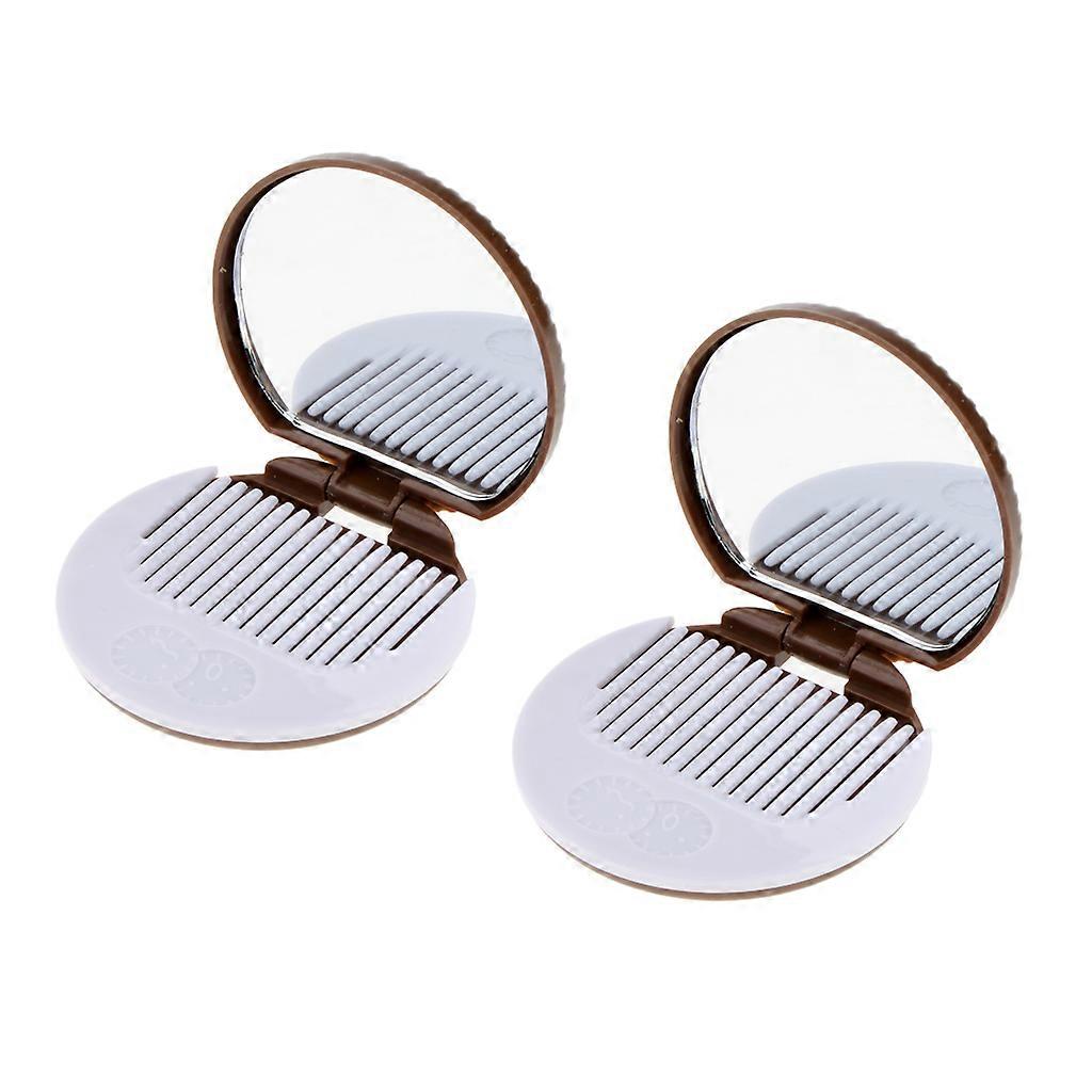 2 Round Folding Makeup Mirror Compact With Comb Pocket Biscuit Size Cute