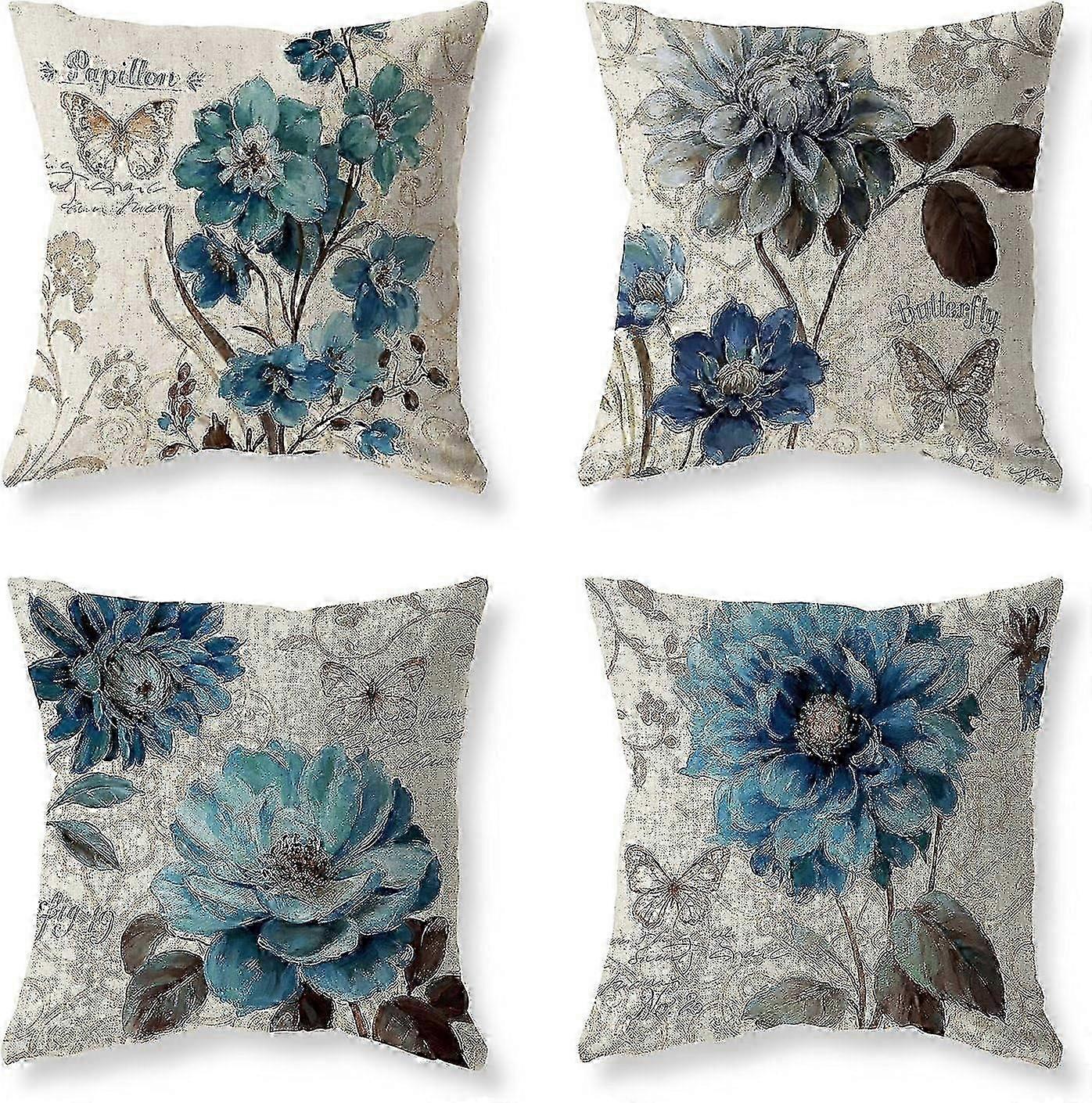 Set of 4 Floral Cushion Covers with Blue Flower Design, 18x18 Inch, Suitable for Various Brands, Ideal for Couch and Outdoor Sofa, Perfect A
