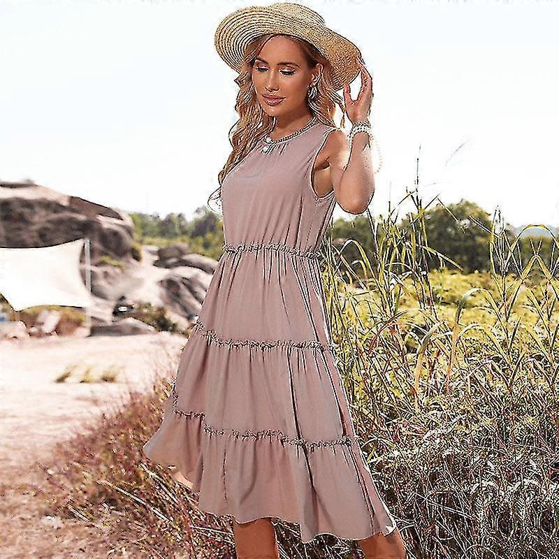 Summer Casual A-Line Dress Solid Color Sleeveless Pleated Trim Holiday  Dress for Women S-XL