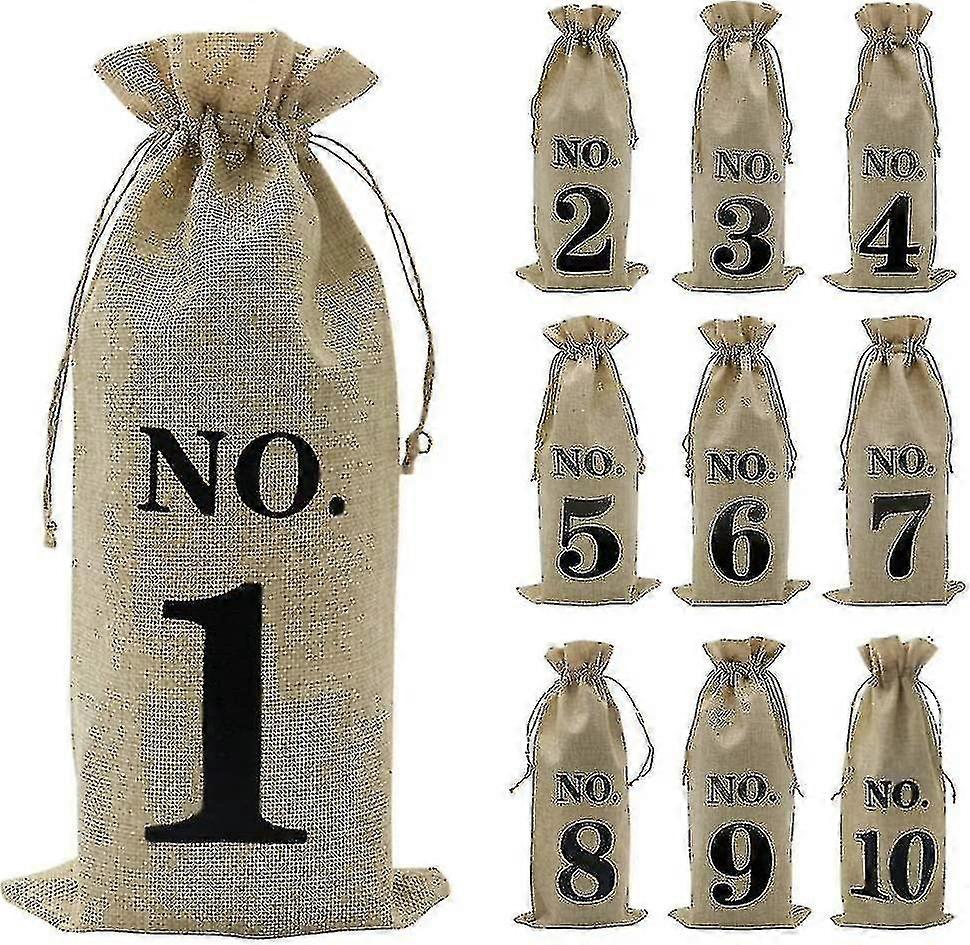 10 sztuk jutowych torebek na wino, 14 X 6 1/4 cala Heskie numerowane torby na butelki wina ze sznurkiem do degustacji wina w ciemno (brązowe) - hao