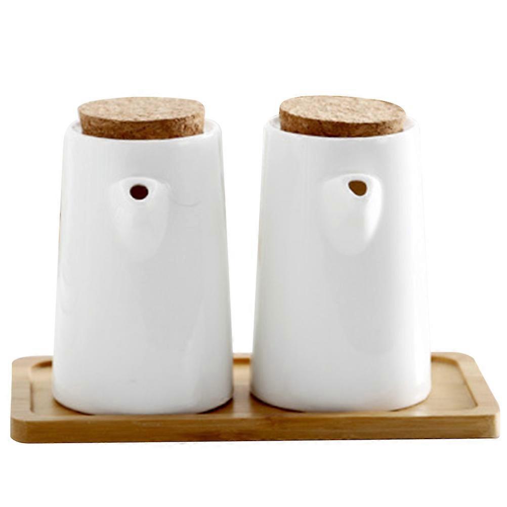 Ceramic Oil Pot,Soy Sauce Dispenser with Bamboo Tray for Kitchen Needs