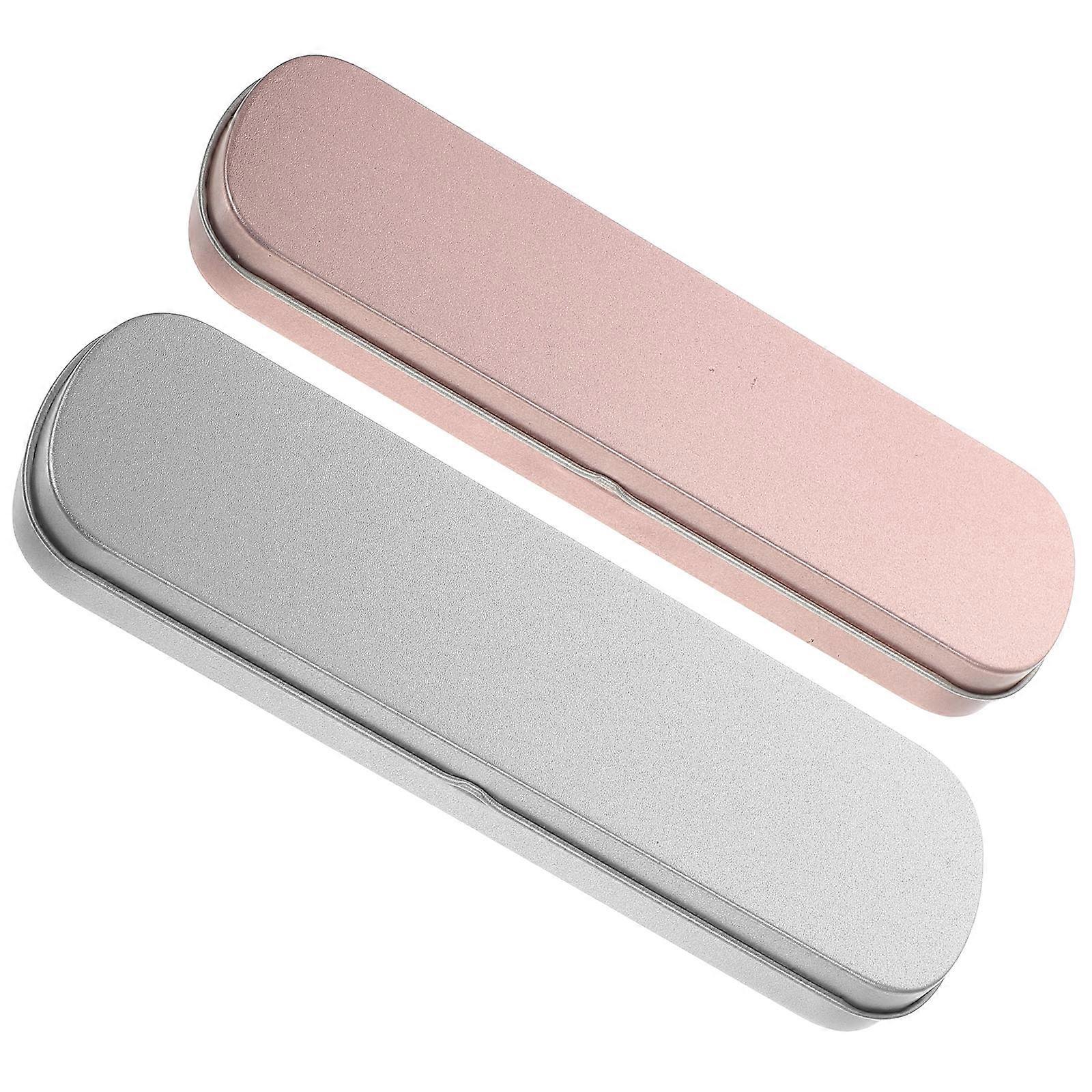 Pencil Box Tins Metal Storage Flat Rectangular Silver For Students 2Pcs