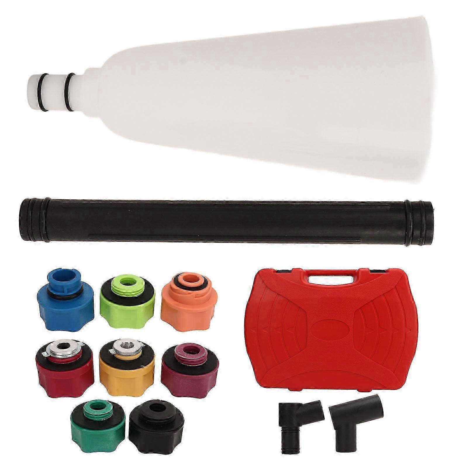 Oil Funnel Filling Kit with Offset Extension Tube and Color Coded Adapters for Spill-Free Automotive Use