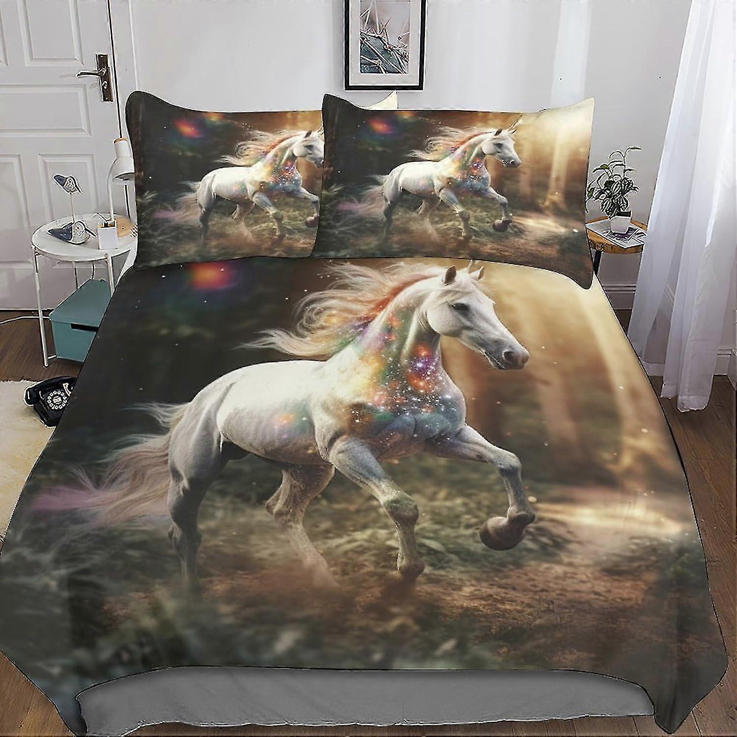 Rainbow Horse Duvet Cover Set for Boys, 3 Pieces Microfiber 3D Printed Bedding with Comforter Cover