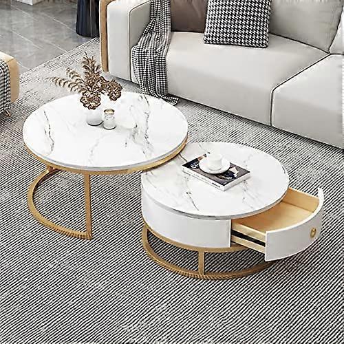 Round Coffee Table 2Piece Set, Nesting Side Table with Drawer Storage, Metal Frame in Slate Marble Texture