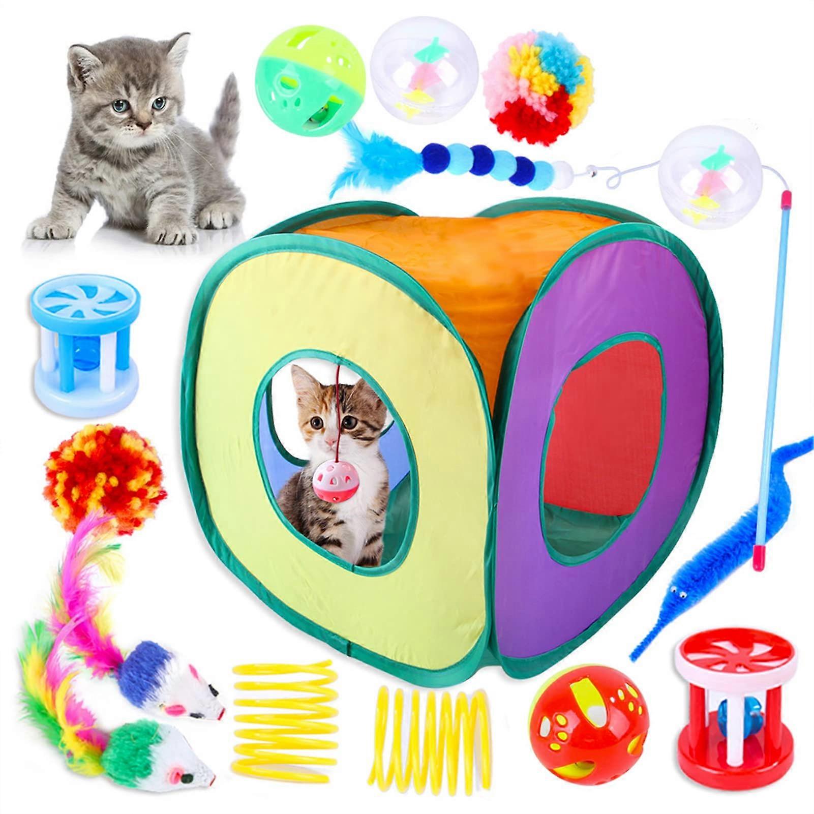 15-Piece Interactive Cat Toy Set for Kittens, Durable Rainbow Tent Tunnel with Bells and Feather Wand, Collapsible and Safe