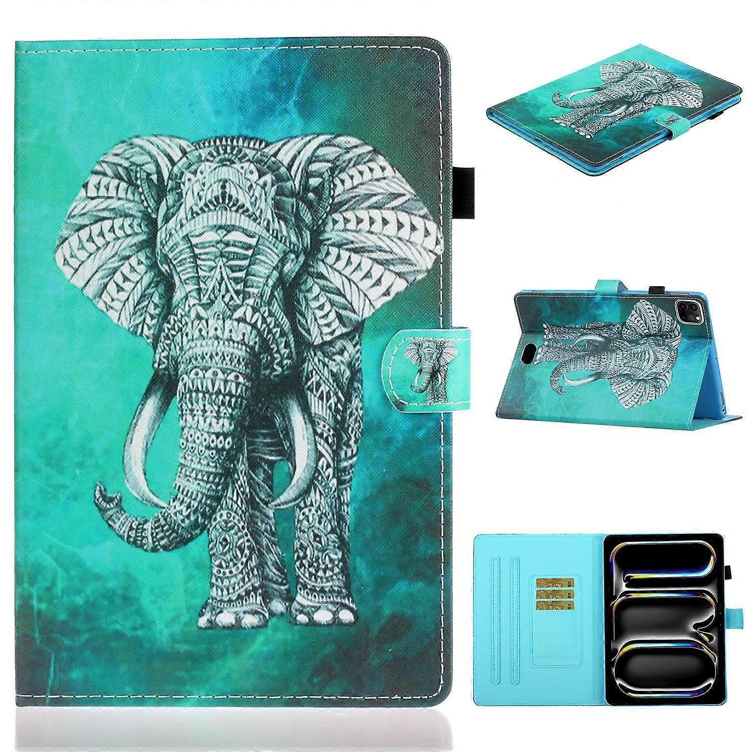 For iPad Pro 11 (2024) Case Pattern PU Leather Tablet Cover with Pencil Holder - Elephant