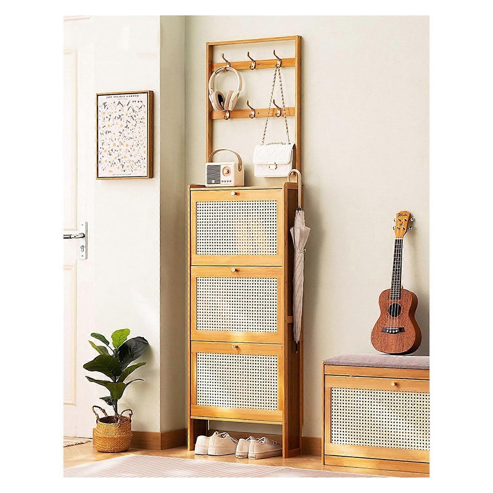 Bamboo shoe cabinet – slim, freestanding organizer with foldable drawers and hooks for entrance, foyer, hallway, 50*24*186cm.