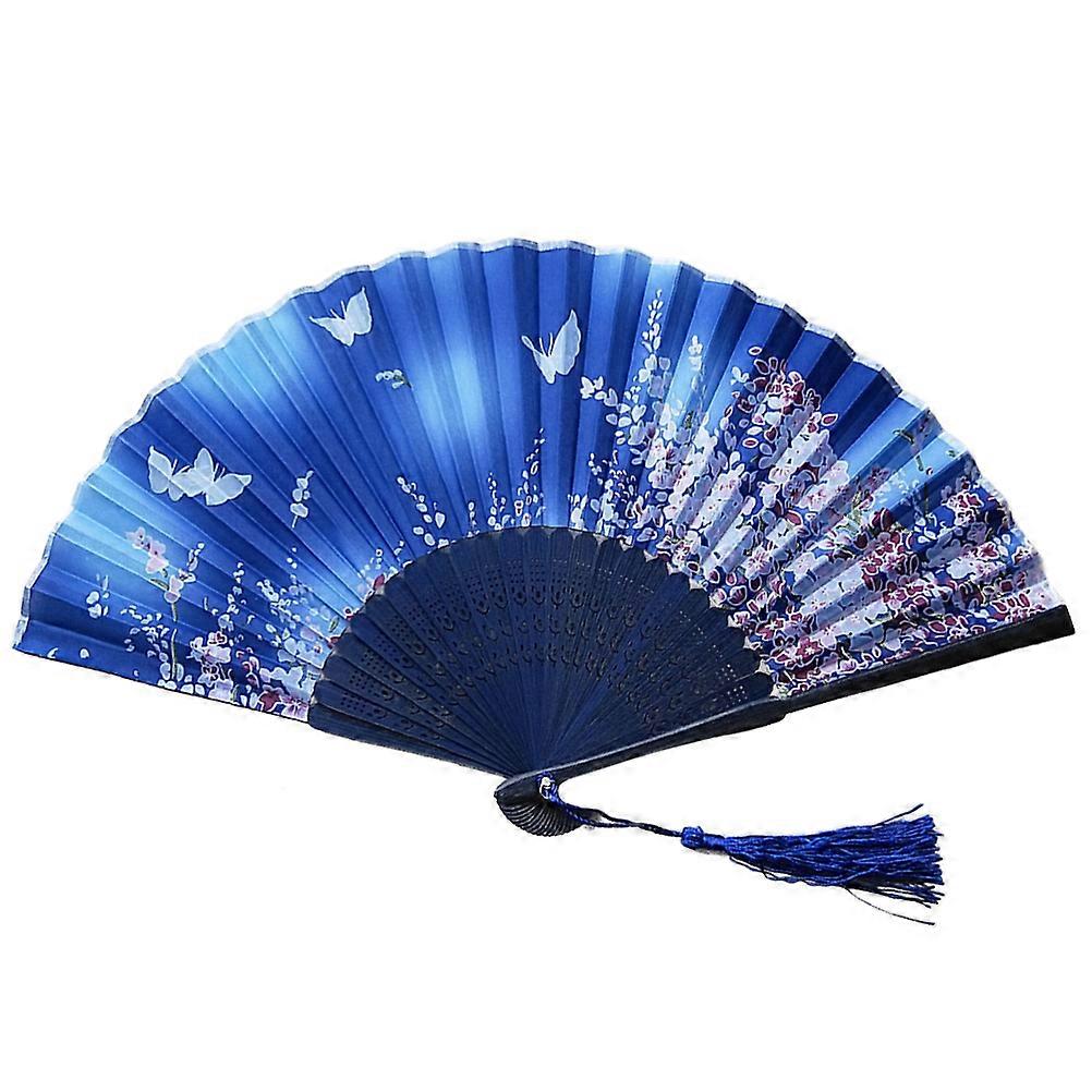 Blue Silk Hand Fan for Women with Bamboo Frame Perfect for Summer Use or Decor 6 Inch