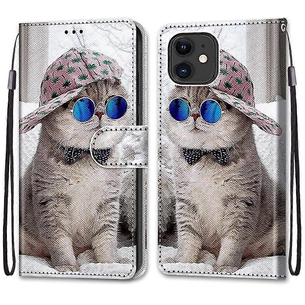 Flip Cover Case Anti-Fall Wallet Style With Card Slot 5.4-Inch Glasses Cat Pattern for iPhone 12 Mini