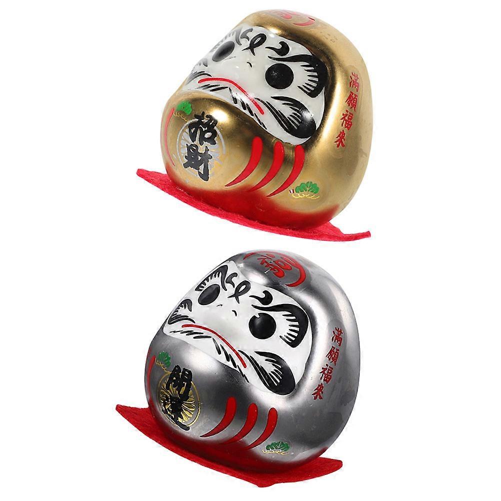 2pcs Japanese Ceramic Dharma Figurine Office Ornament, Smooth Surface Fortune Mascot for Car Interior & Restaurant Decoration