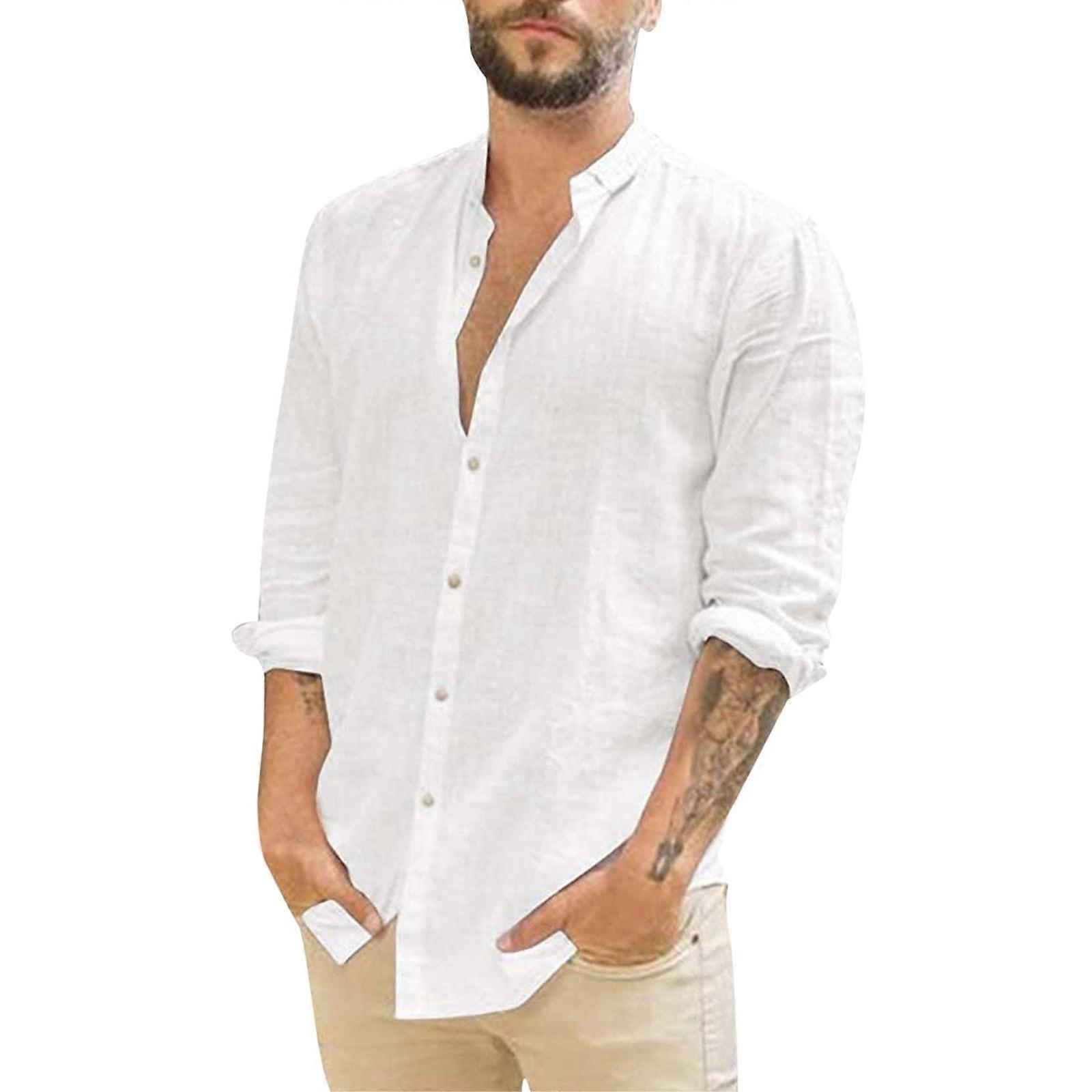 Freizeithemden für Herren Langarm Einfarbig Stehkragen Businesshemd Weiß Sommer Langarmshirt Basic Umlegekragen