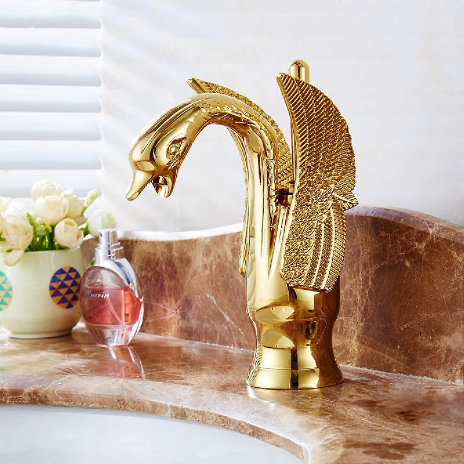 All Copper Antique Swan Basin Tap, Countertop Basin, Hot and Cold Tap, White and Gold Gnome Low Gold Version