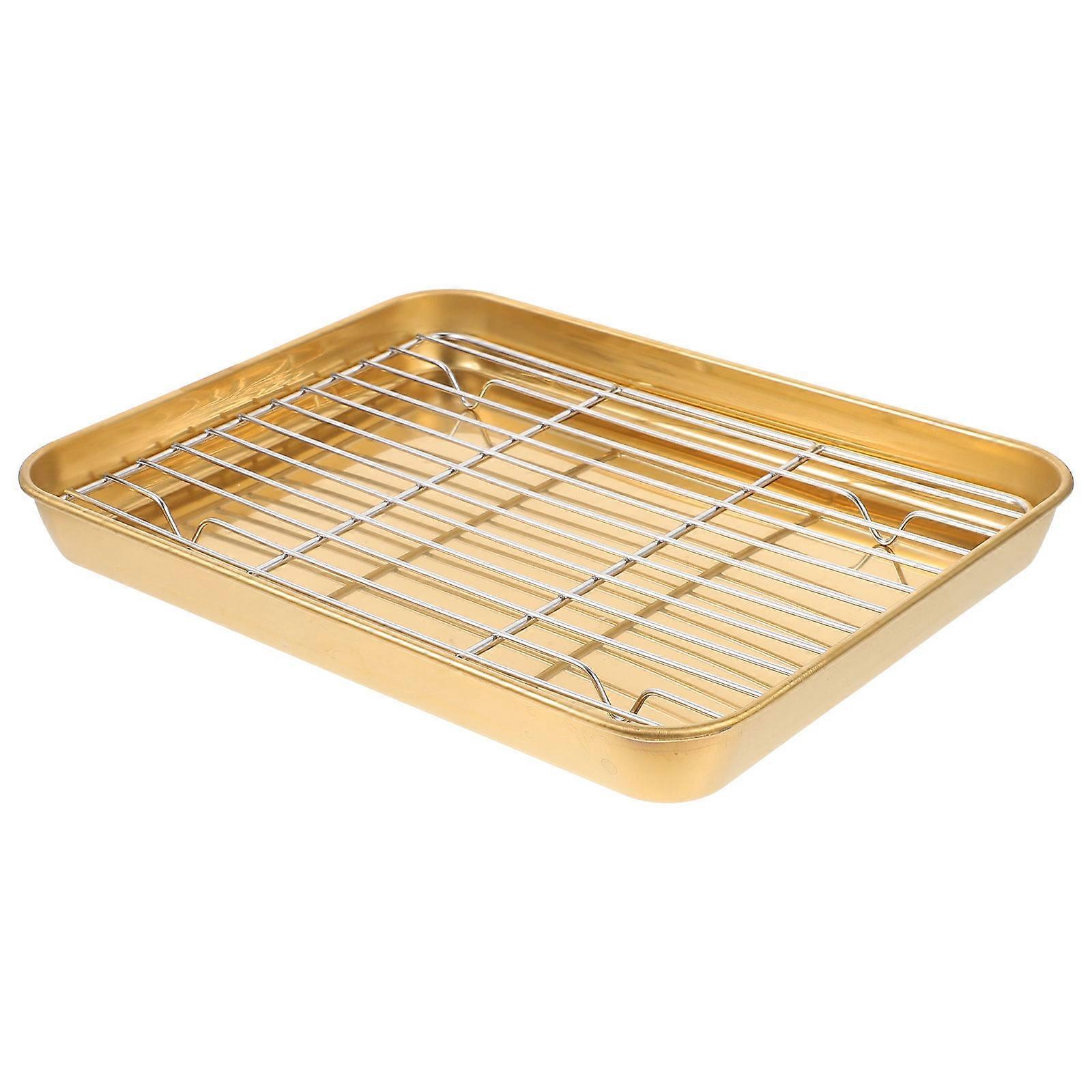 Bakeware Pan Set of Stainless Steel Kitchen Gadget Ideal for Baking and Cooking in Simple Rectangular Shape Golden Color Easy to Clean 1 Set
