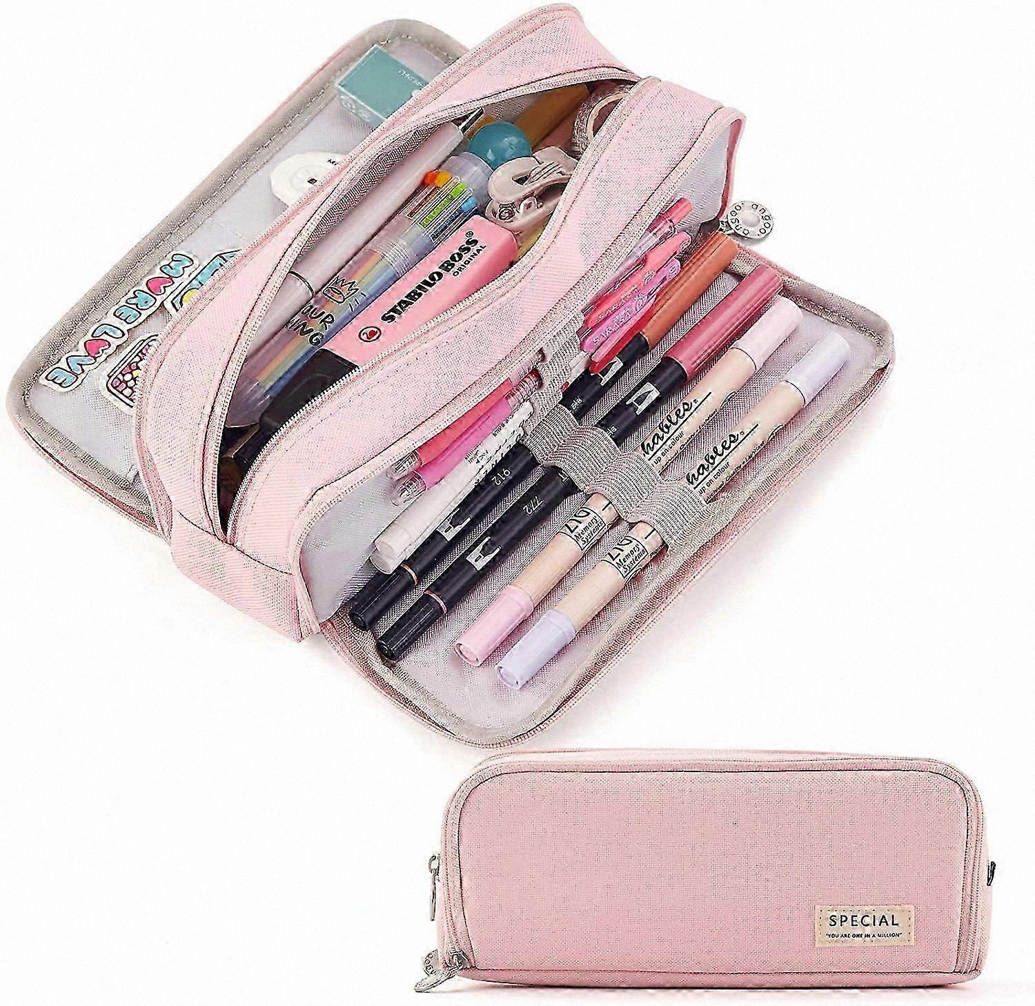 3-Compartment Large Capacity Pen Pouch for School and Office Use (Pink)