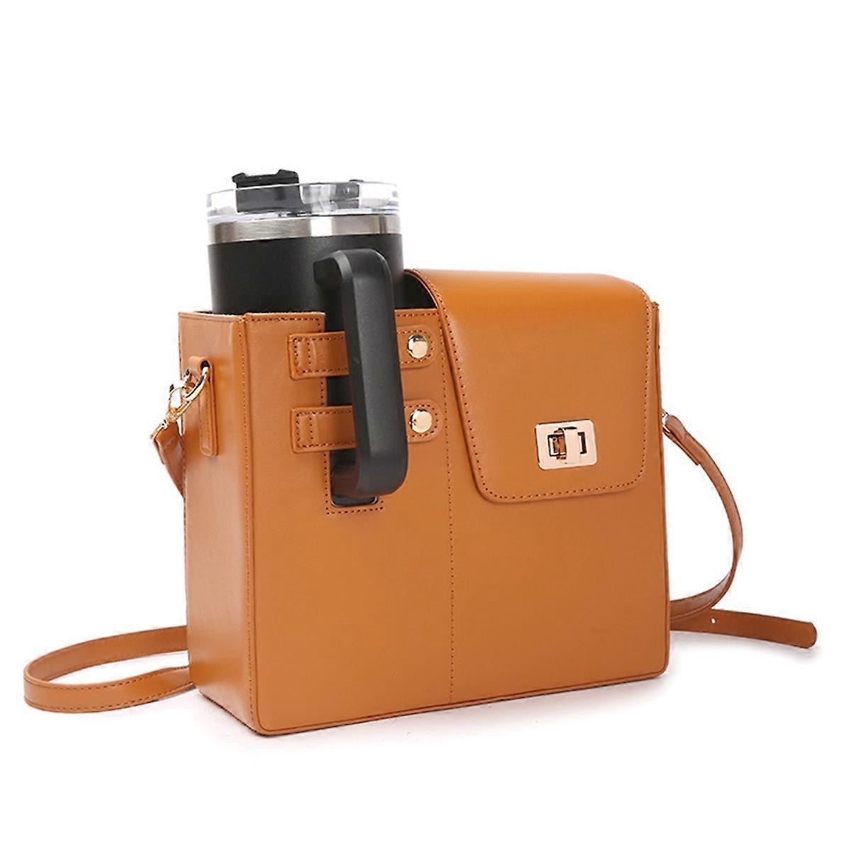 Leather Crossbody Water Cup Bag with Adjustable Shoulder Strap Brown