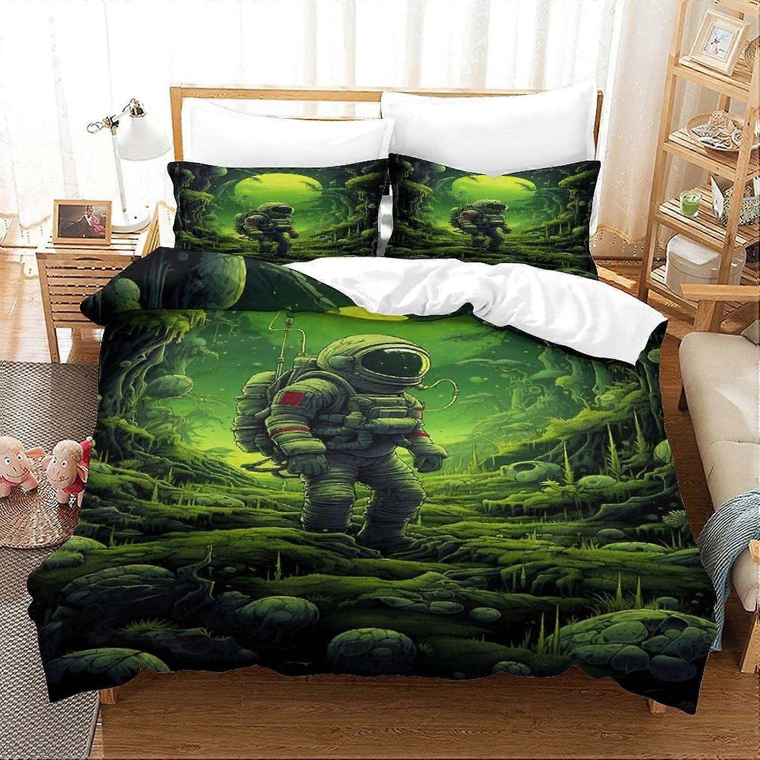 U500 3D Printed Astronaut Bed Kit with Retro Style Design, Soft Microfibre, 3 Piece Duvet Cover Set, 2 Pillowcase, Hidden Zip, . Y500