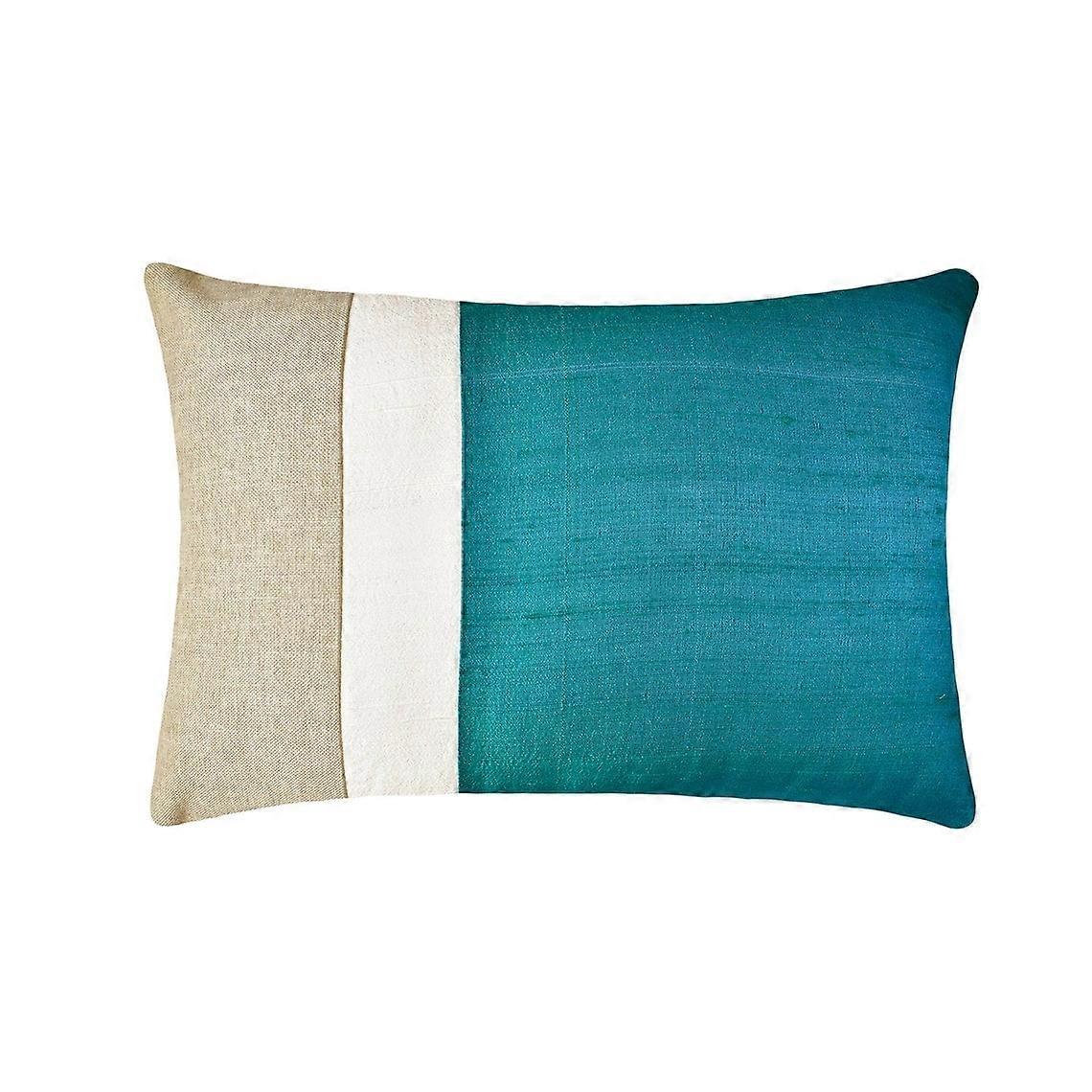 HomeCentric Turquoise 12"x24" Silk Lumbar Pillow Cover, Color Block Patchwork for Sofa, Couch, Bed, Patio - Modern Design