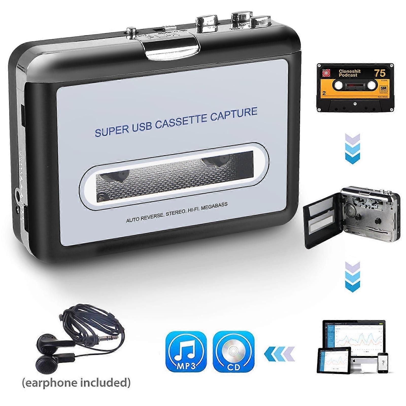 Portable Cassette Player and Tape Cassette Recorder with 3.5mm Jack, USB Audio Music Walkman, Cassette Tape to MP3 Converter, Black