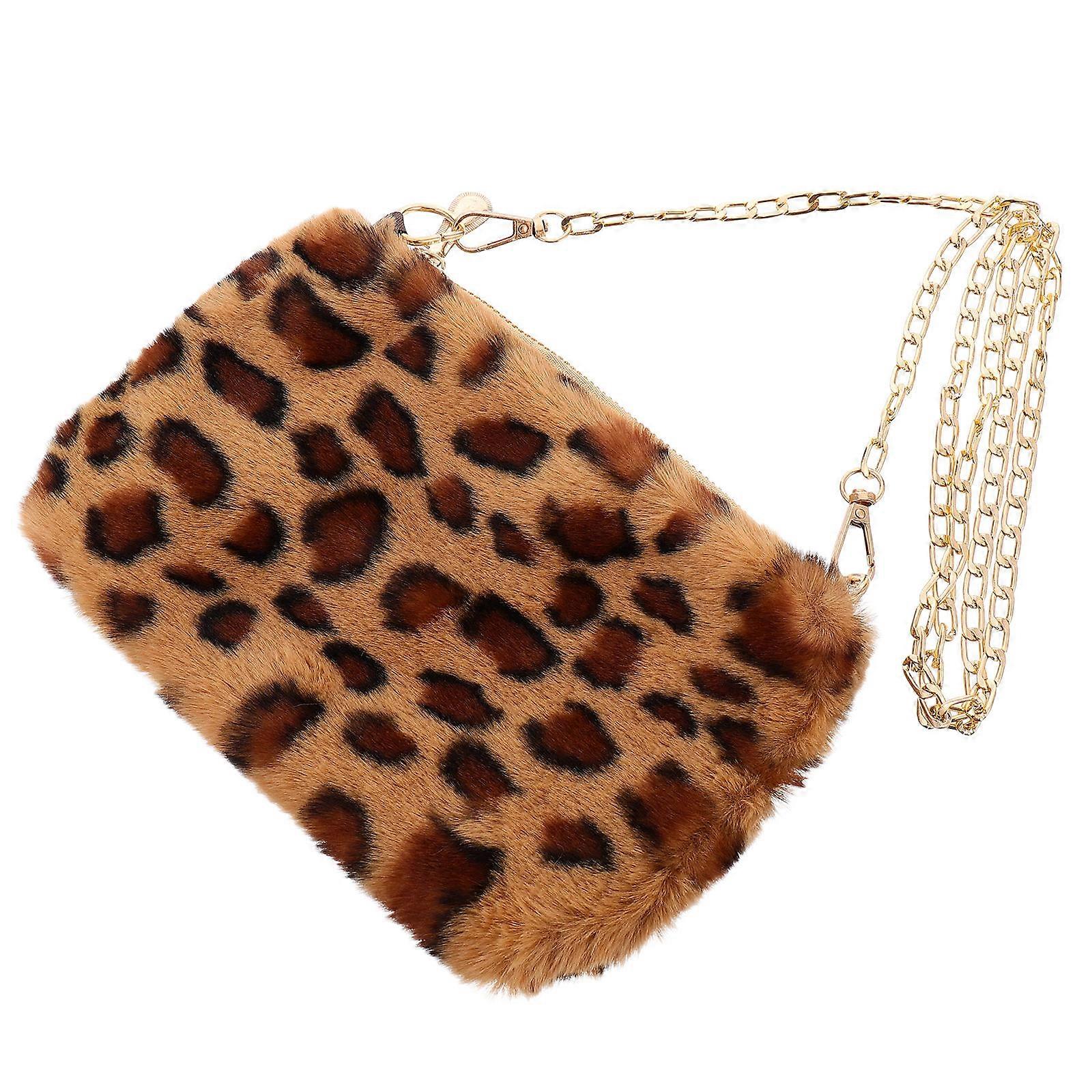 Leopard Print Phone Bag Cross Body Carry Fashionable Design Khaki Plush Material 1Pack