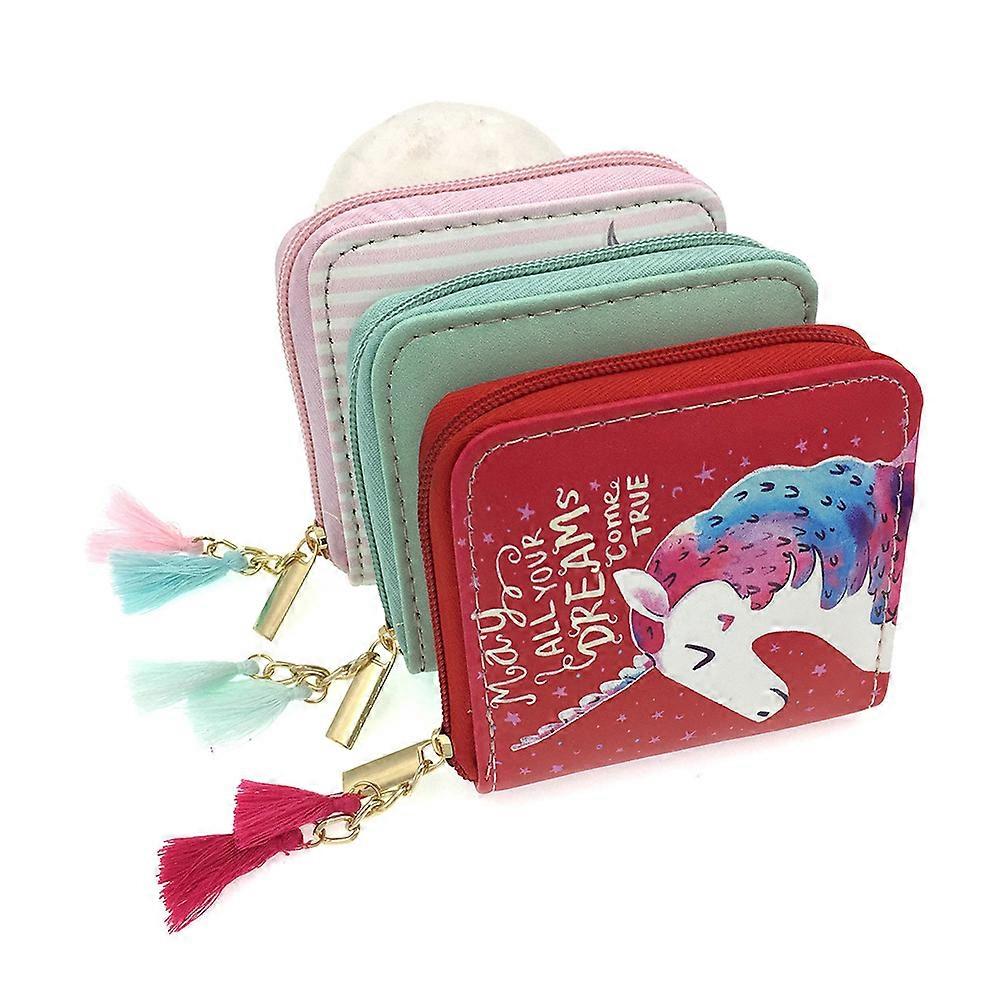 Girls Wallet Daily Use Zipper Closure Cartoon Unicorn Pattern Red 1Pcs