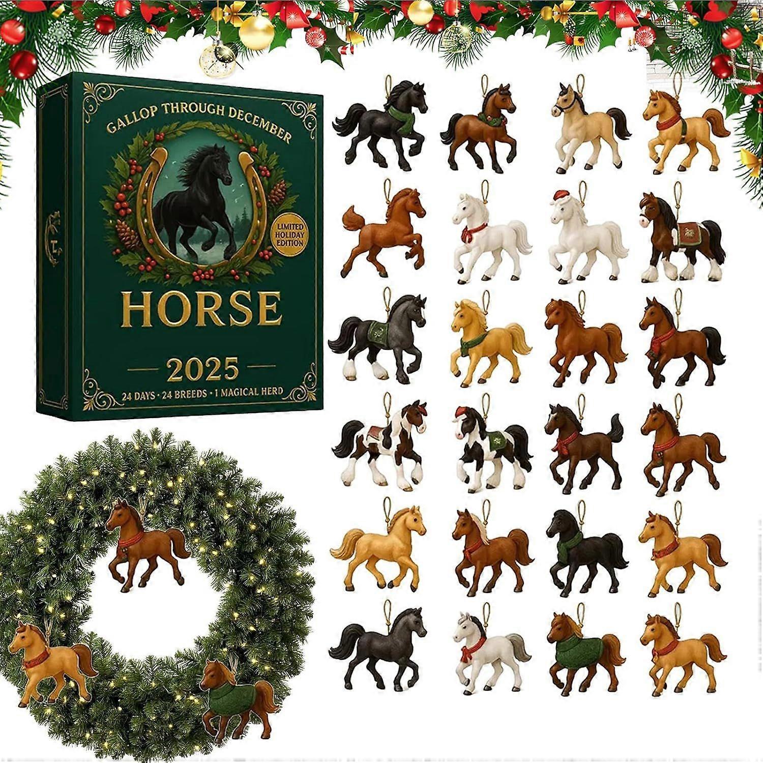 Ημερολόγιο Advent Horse 2025, 24ήμερο Χριστουγεννιάτικο Ημερολόγιο Αντίστροφης Μέτρησης με 24 Διαφορετικά 2D Ακρυλικά Μίνι Στολίδια Αλόγων, Χριστουγεννιάτικο Δώρο, Στυλό Χριστουγεννιάτικου Δέντρου