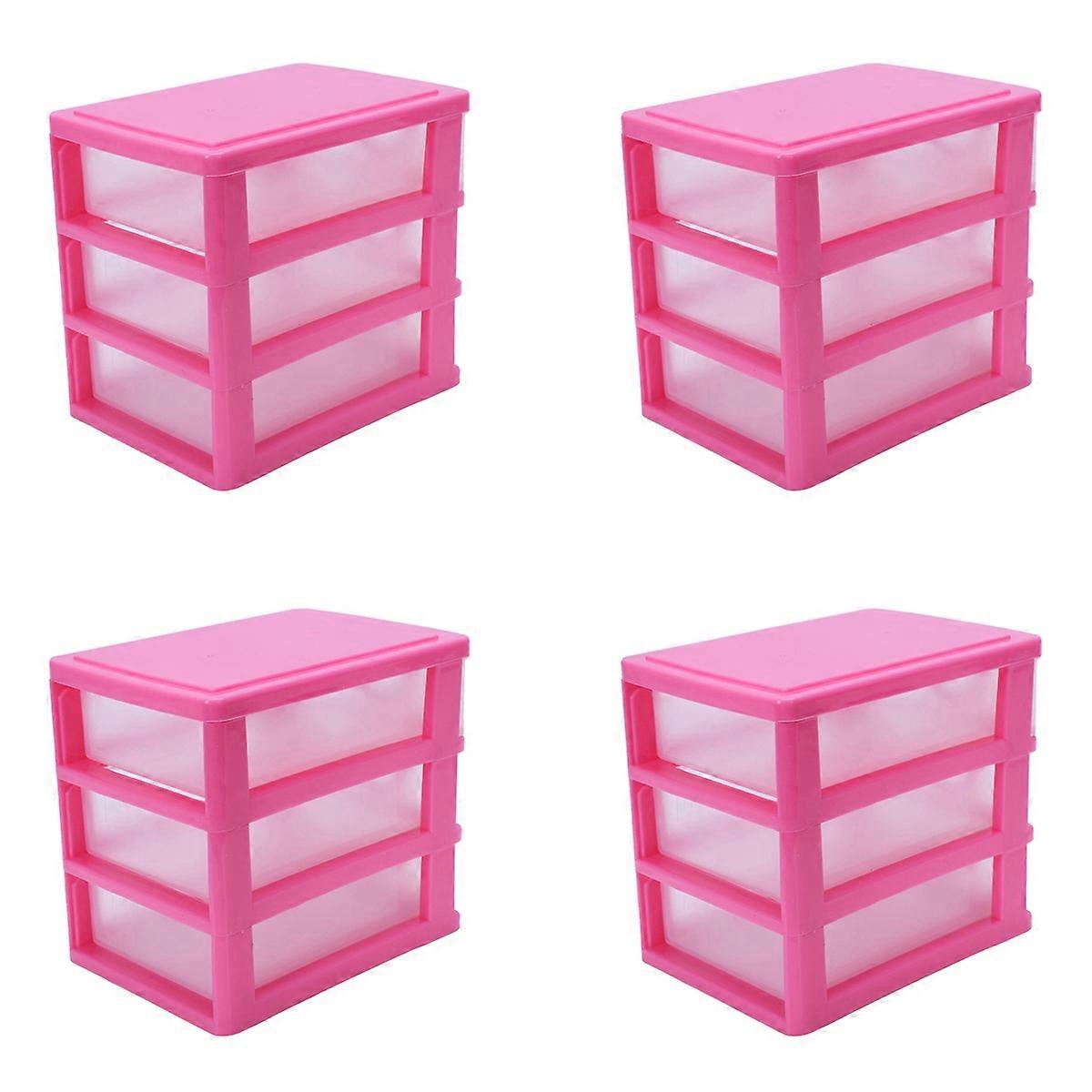 4X Mini Translucent Drawer Type Plastic Storage Box(Rose Red 3 Layers)