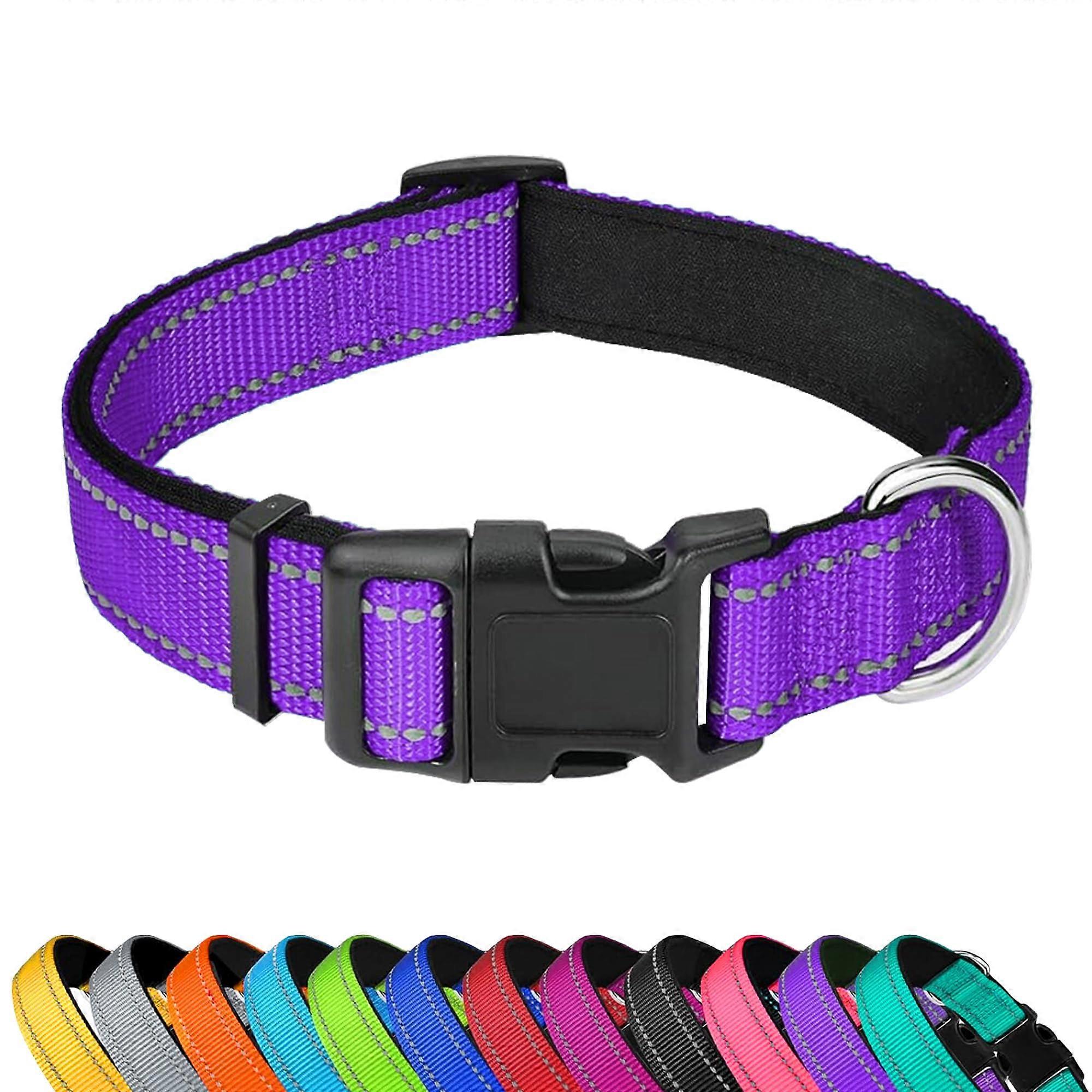 Reflective Dog Collar, Adjustable Soft Neoprene Padded Nylon With Buckle, Medium Size, Purple