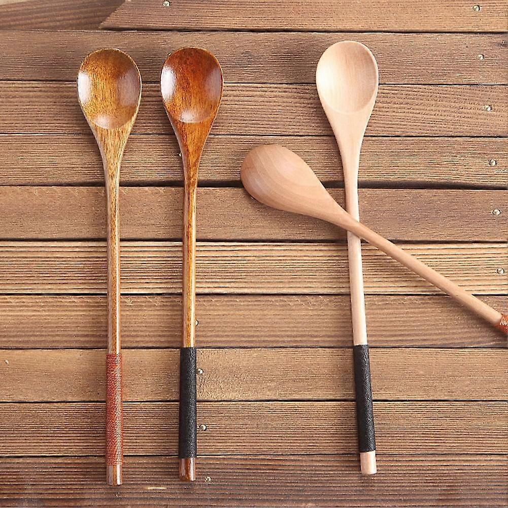 Hariumiu Binding Wooden Long Handle Coffee Soup Condiment Mixing Spoon Teaspoon Utensil-Black,B