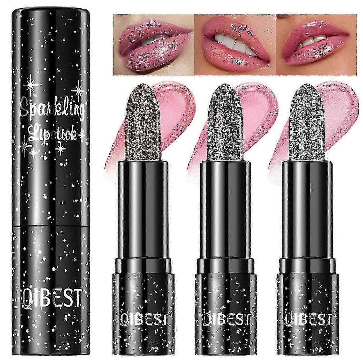 Sparkling Lipstick Color Changing Lip Gloss, 3Pcs Non-sticky Moisturizer Lip Balm, Magic PH Temperature Color Changing Lipstick