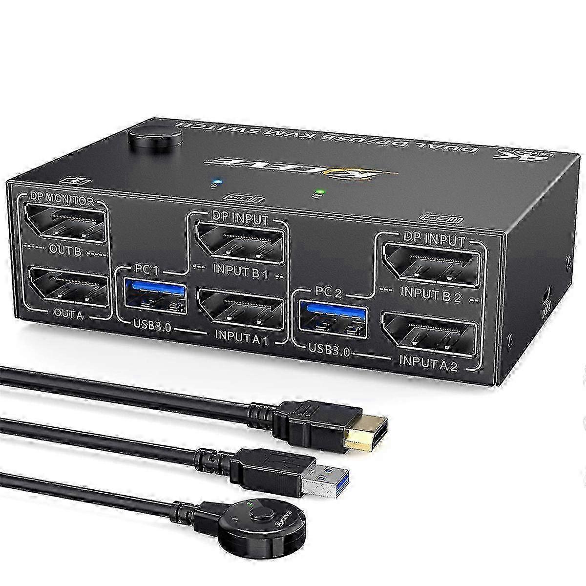 KVM Switch Dual Monitor DisplayPort, 4 USB3.0 for 2 Computers, 2 in 2 Out DP 1.4 KVM Switch