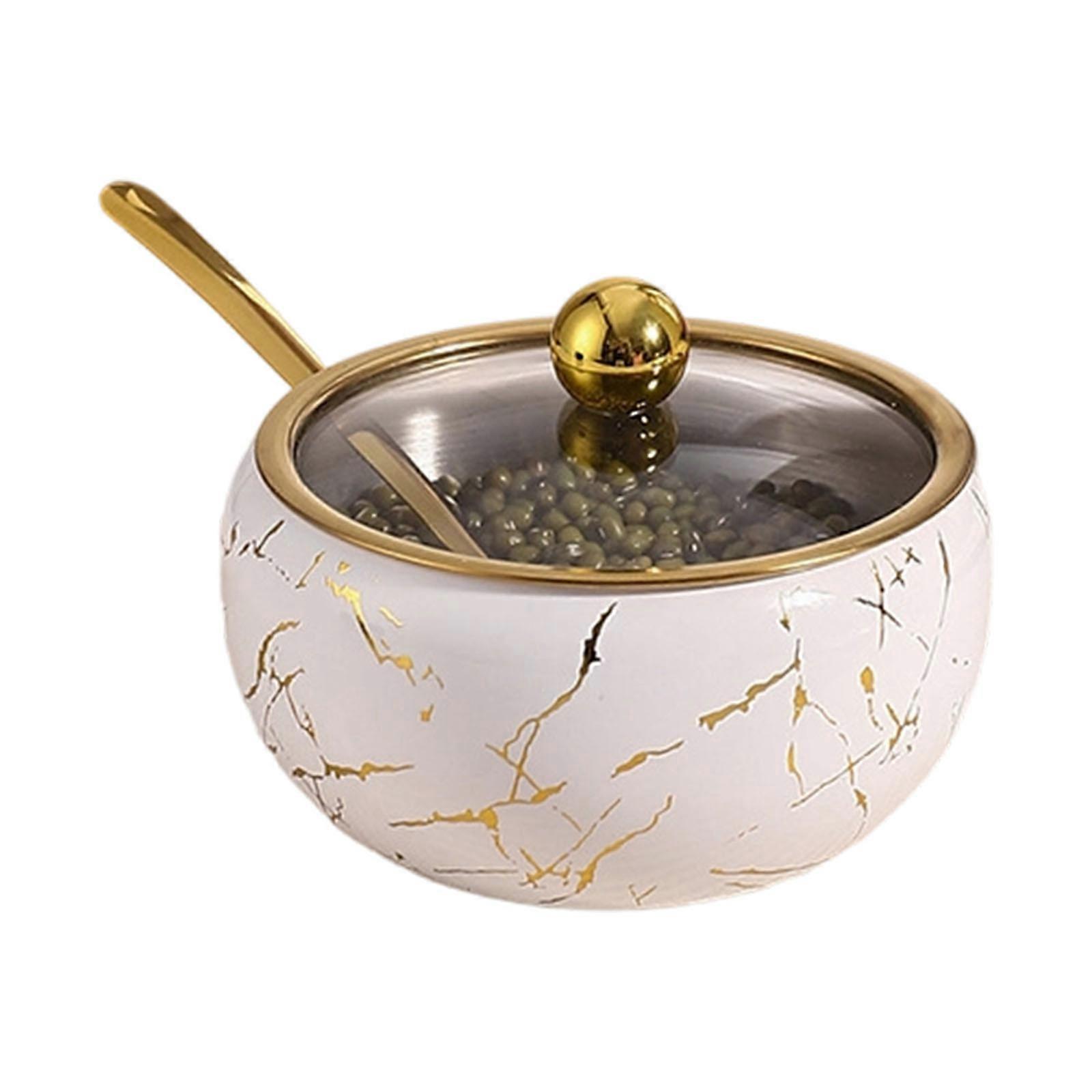 Practical Stainless Steel Condiment Container For Cooking Enthusiasts Sugar Bowl with Glass Lid and Spoon  White