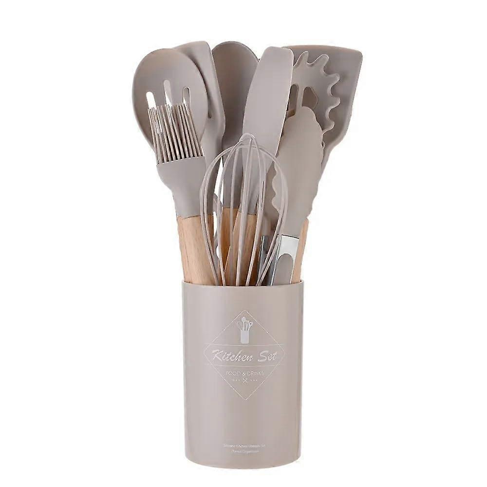 Silicone Kitchen Utensils Set 12PCS NonStick Cooking Tools with Wooden Handles for Baking and Frying (Khaki)