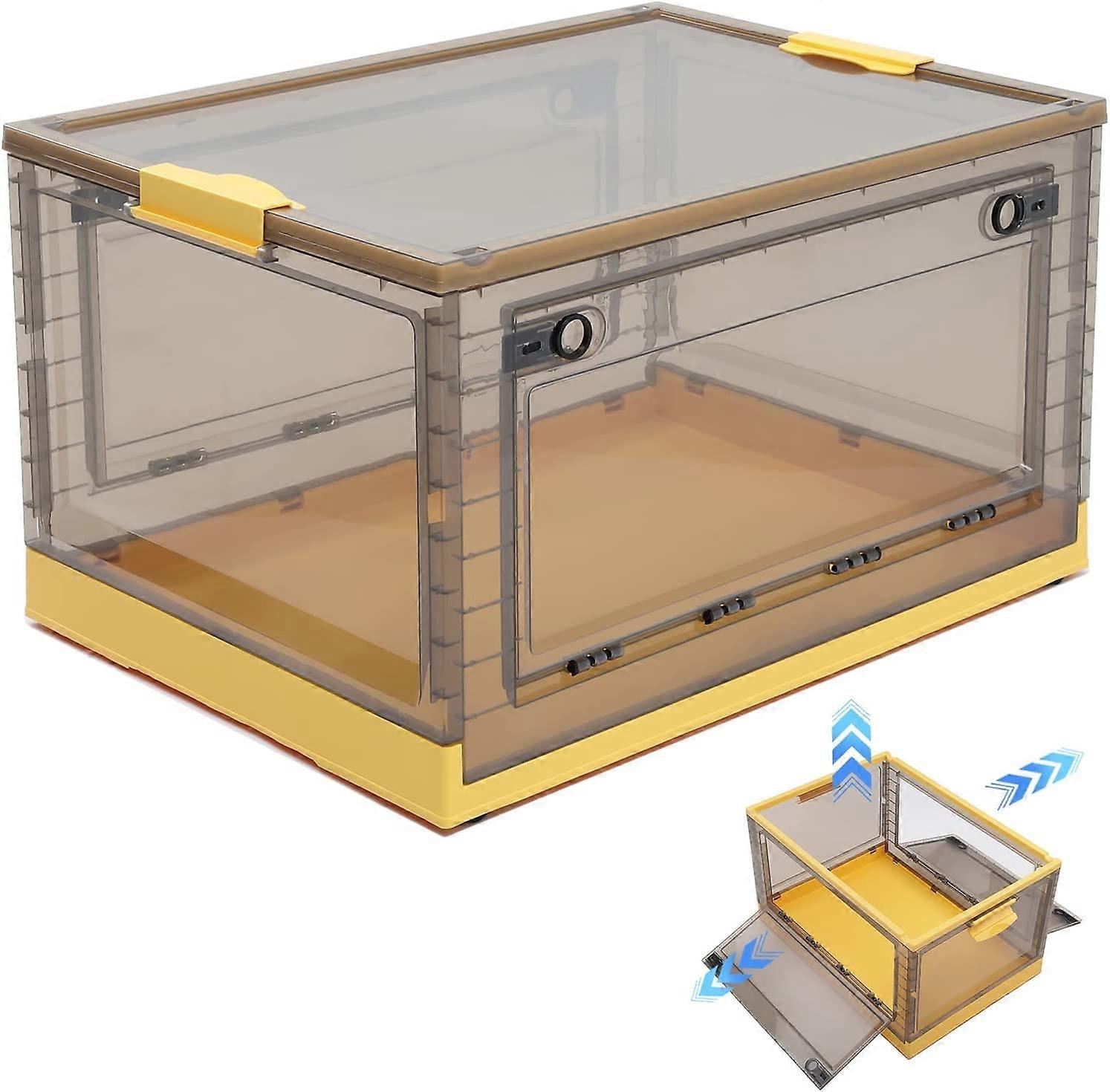 Collapsible Storage Box 42L Stackable Clear Plastic Wardrobe Organizer 3 Sides Open 49 x 35 x 25 cm Yellow