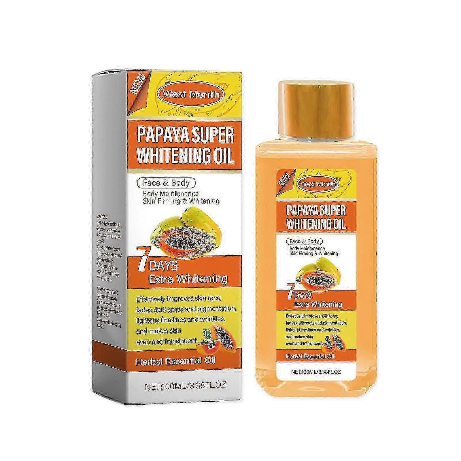 Huile corporelle éclaircissante à la papaye avec vitamine C et acide hyaluronique, pour une peau éclatante, hydrate en profondeur et masse la peau douce et lumineuse. 100 ml.