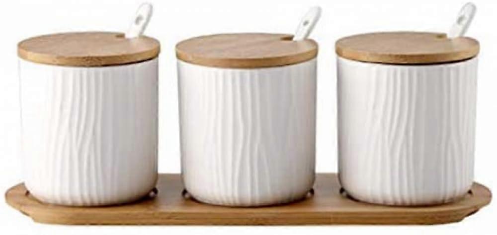 Ceramic Spice Jars with Wooden Spice Rack Airtight Kitchen Countertop Storage 300ml Set